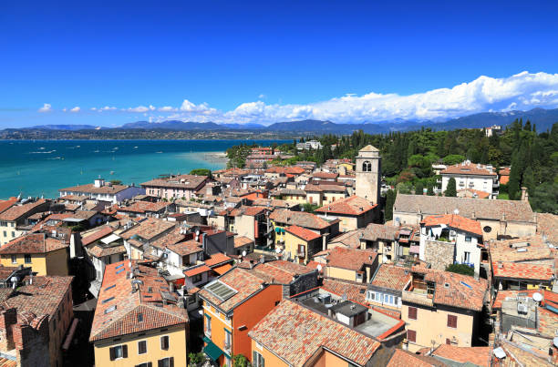 Aerial view of Sirmione on Lake Garda. Italy, Europe. stock photo