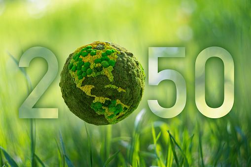 Numbers 2050 from grass. A symbol of sustainable development and full transition to renewable energy by 2050 year.