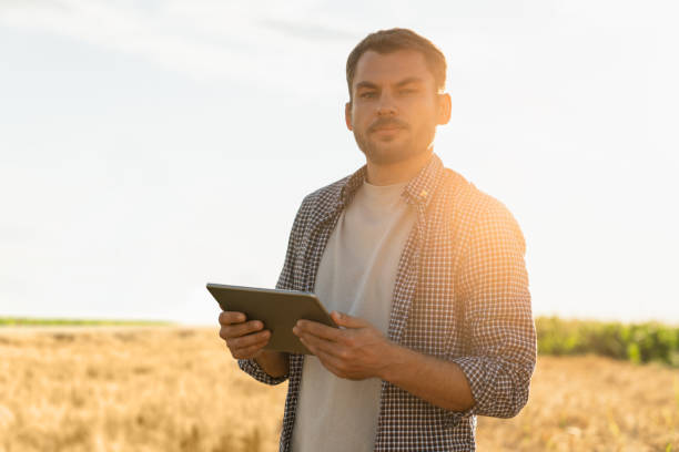 istock Farmer with a digital tablet at agricultural field at sunset . 1456618712