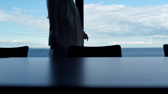 Confident woman walking office room. Manager silhouette carry folder papers at panorama window. Unrecognized businesswoman secretary hold documents go dark conference hall. Lawyer professional concept