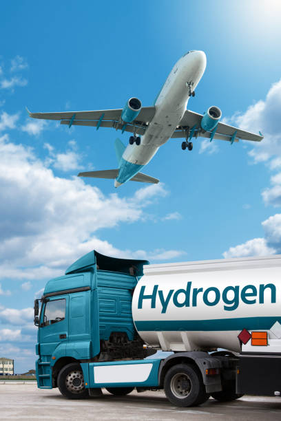 istock Airplane and truck with hydrogen tank trailer. 1456619603