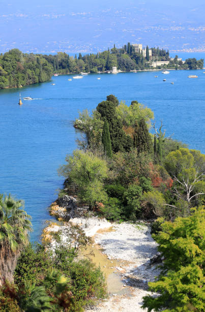 View from San Fermo to Island Garda (Isola del Garda). Italy, Europe. stock photo