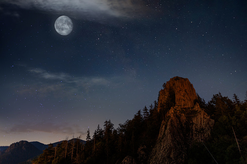 Rocky steep peak of a high mountain with dense dark spruce forests on the slopes against the backdrop of a magical starry clear night sky