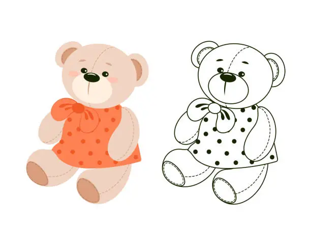 Vector illustration of Vector hand-drawn illustration of a cute teddy bear in clothes. Gift toy for Valentine's day, birthday, Christmas, holiday.