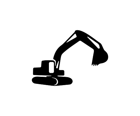 Excavator, machine in construction site, crawler excavator, graphic design. Excavator bucket, earthmoving works, сonstruction, building and constructing, vector design and illustration