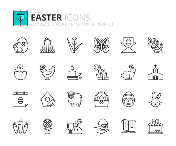 ilustraciones, imágenes clip art, dibujos animados e iconos de stock de iconos de esquema sobre la pascua - pastel de primera comunión