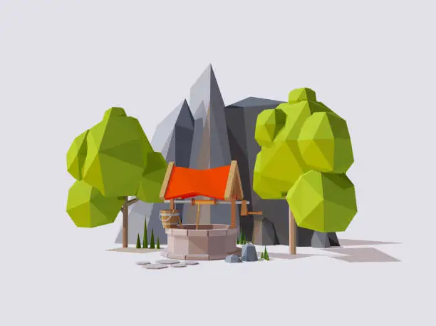 Vector illustration of Landscape with a Well for Water, Low Poly Landscape Scene