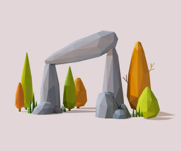 Vector illustration of Nature Low Poly Landscape Scene with Trees and Stones