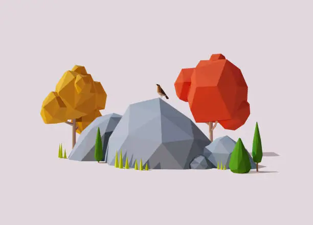 Vector illustration of Nature Low Poly Landscape Scene with Trees and a Bird on the Stone