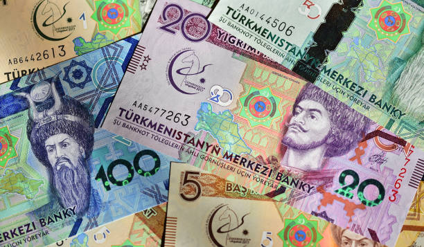 some current banknotes of the asian
country of turkmenistan - iranian currency imagens e fotografias de stock