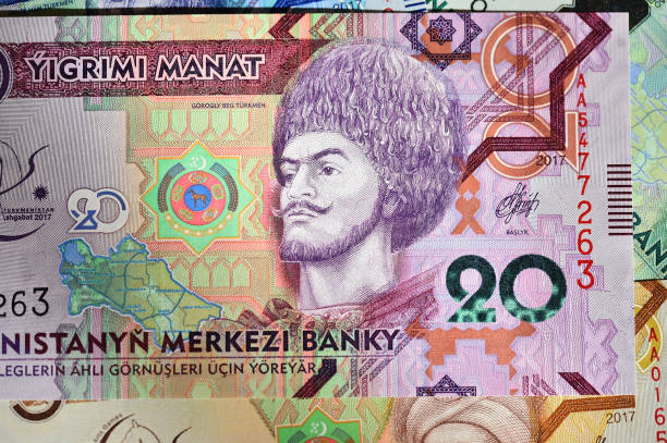 some current banknotes of the asian
country of turkmenistan - iranian currency imagens e fotografias de stock