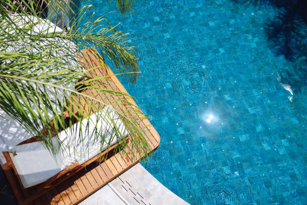 beautiful palms and blue hotel pool - swimming pool resort swimming pool poolside sea imagens e fotografias de stock