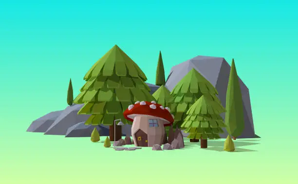 Vector illustration of Nature Low Poly Landscape Scene, Mushroom House, Fantasy Theme