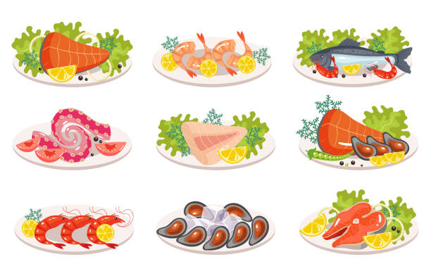 illustrazioni stock, clip art, cartoni animati e icone di tendenza di pesce frutti di mare salmone, gamberi, ostriche, tonno, tilapia, polpo, calamari, tentacoli piatto piatto isolato set. concetto di menu del ristorante degli ingredienti di cucina. illustrazione vettoriale dell'elemento grafico del fumetto - main course salmon meal course