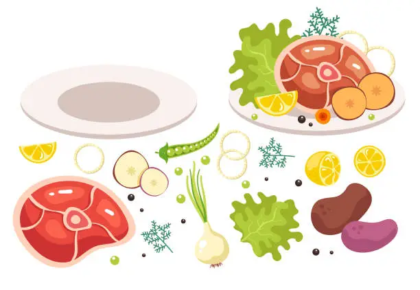 Vector illustration of Meat meal isolated set. Cooking ingredient recipe barbecue steak beefsteak restaurant menu concept. Vector cartoon graphic design element illustration