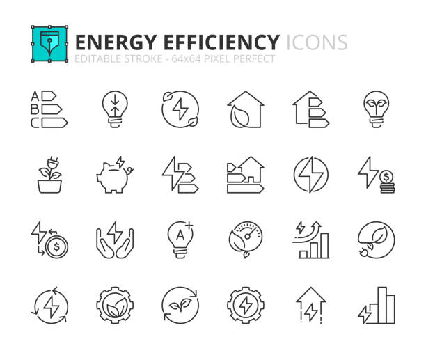 Simple set of outline icons about  energy efficiency and saving. Sustainable development. Line icons about energy efficiency and saving. Sustainable development. Contains such icons as renewable energy, environmental goal, value, eco transition. Editable stroke Vector 64x64 pixel perfect energy management stock illustrations