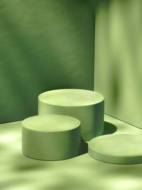 istock Group of three various cylindrical pedestals, green toned scene. 3d computer graphic template of displaying place for your products. 1456631238