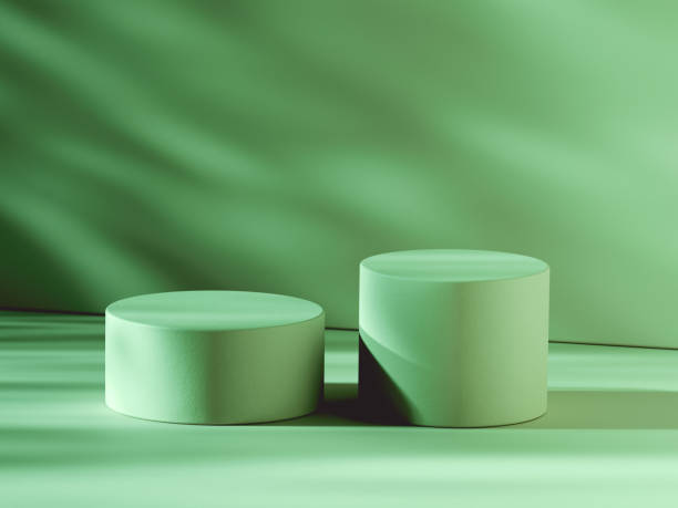 istock Green colour theme with two cylindrical pedestals in shaded room. 3d computer graphic template of displaying place for your products. 1456631269
