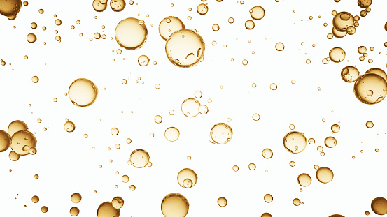 Many golden bubble particles isolated float on white background space. Abstract vector copy space template