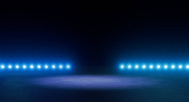 istock Empty exhibition place illuminated by spotlight and rows of reflectors 1456631777