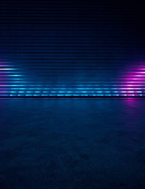 istock Flat concrete floor in dimmed room, neon colours striped background 1456631812
