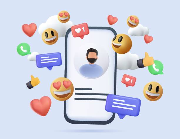 3D Social media platform app, online social communication applications, emoji, heart, chat phone. 3d Vector illustration 3D online social communication applications. Social media platform app with emoji, hearts on smartphone background. Chat messenger, SMM. 3d Vector illustration render cartoon social icons facebook stock illustrations