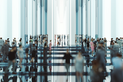 Modern glass office lobby with business people. 3D generated image.