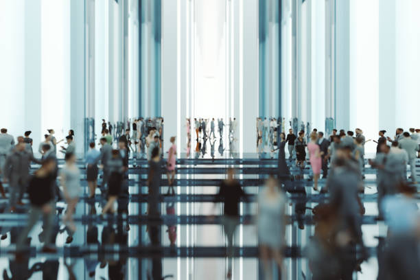 Modern glass office lobby with business people Modern glass office lobby with business people. 3D generated image. lobby stock pictures, royalty-free photos & images