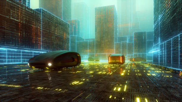 istock Futuristic street with autonomous vehicles hovering above the road 1456633882