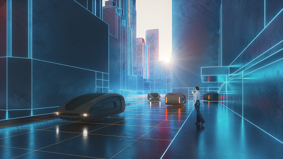Futuristic street with vehicles and woman using smart phone. 3D generated image.