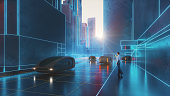 Futuristic street with vehicles and woman using smart phone
