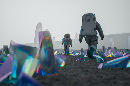 Astronauts walking on planet surface full of crystals. 3D generated image.