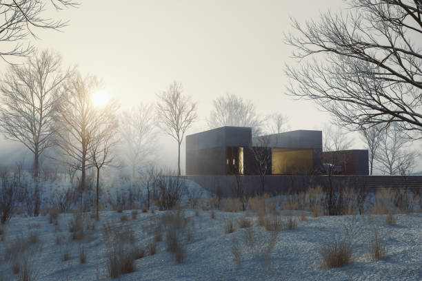 istock Modern concrete house in winter landscape 1456634107