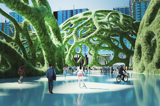 People in futuristic green city park. 3D generated image.
