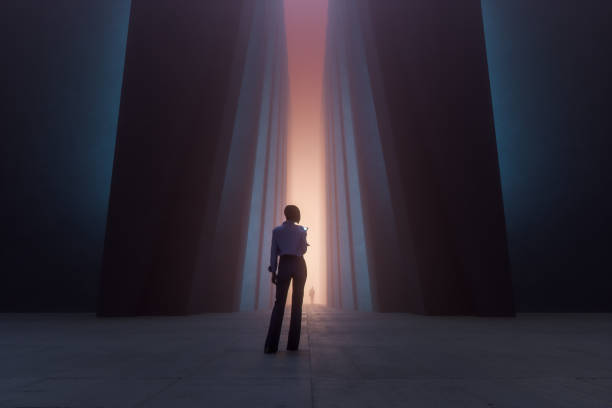 Woman walking in futuristic brutalist city street Woman walking in futuristic brutalist city street 3D generated image. mobile phone lights up stock pictures, royalty-free photos & images