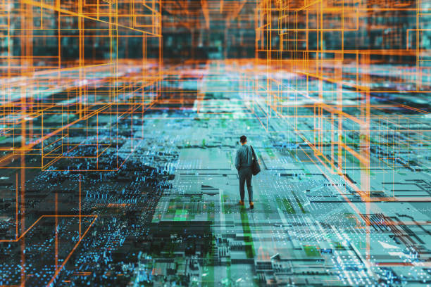 istock Young businessman walking in VR environment 1456634166