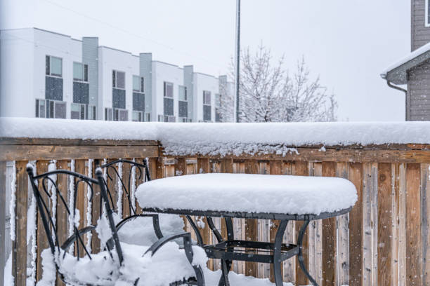 istock Snow on backyard fence during winter snowstorm 1456635730