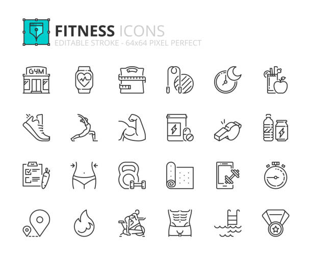 Simple set of outline icons about fitness Outline icons about fitness. Healthcare. Contains such icons as gym, training, sports, running, diet, body building, yoga and equipment. Editable stroke Vector 64x64 pixel perfect exercise class icon stock illustrations