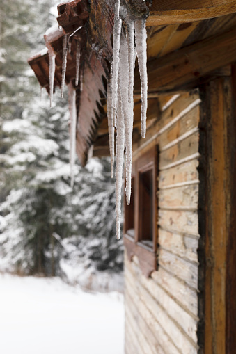 Icicles from a roof of wooden house.