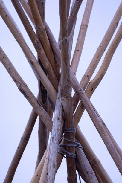 Beauty of interior form seen in angled and tied poles of teepee peak at Bison Range in Montana on Flathead Indian Reservation