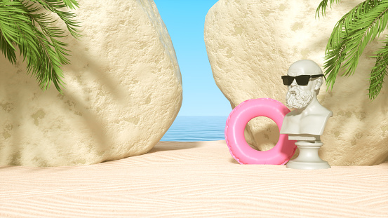 Inflatable ring and sculpture on beach with huge rocks, minimal summer and travel concept, 3d render.