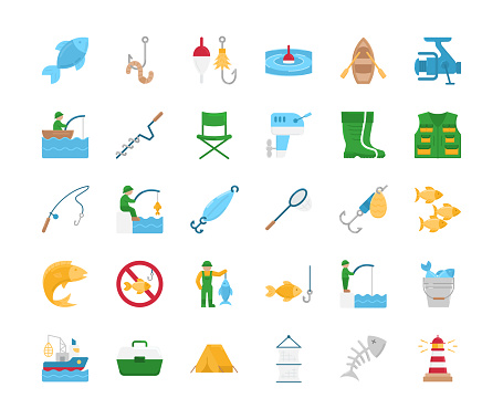 Fishing Flat Design Icons. Vector illustration.