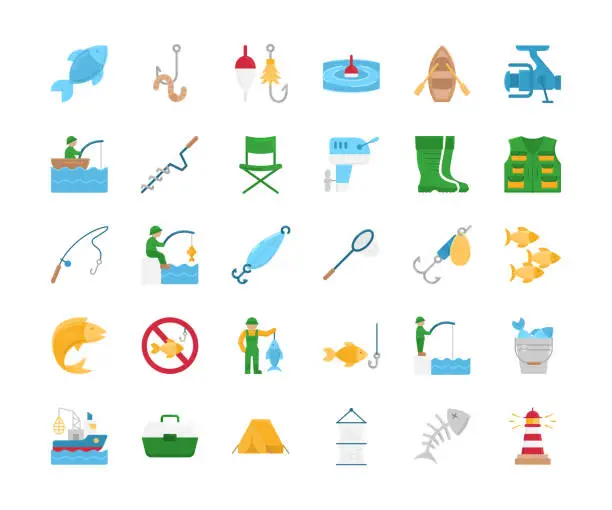 Vector illustration of Fishing Flat Design Icons.