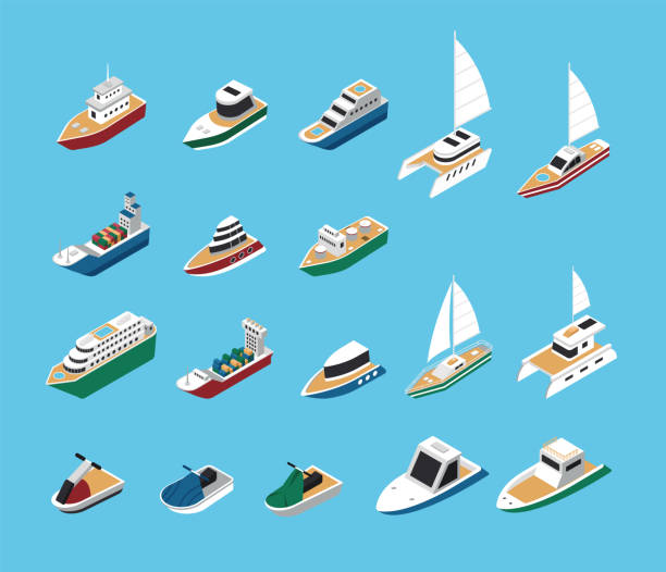 illustrazioni stock, clip art, cartoni animati e icone di tendenza di navi, transatlantici, yacht, barche a vela e moto d'acqua vettore isometrico - isometric nautical vessel yacht sailboat