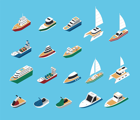 Ships, liners, yachts, sailboats, boats, jet skis. Isometric vector illustration.