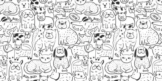 Vector illustration of print with doodle cats and dogs