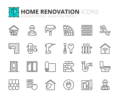 Outline icons about home renovation. Contains such icons as repair, tools, building materials, worker, sanitary, carpentry, architecture  and decor. Editable stroke Vector 64x64 pixel perfect