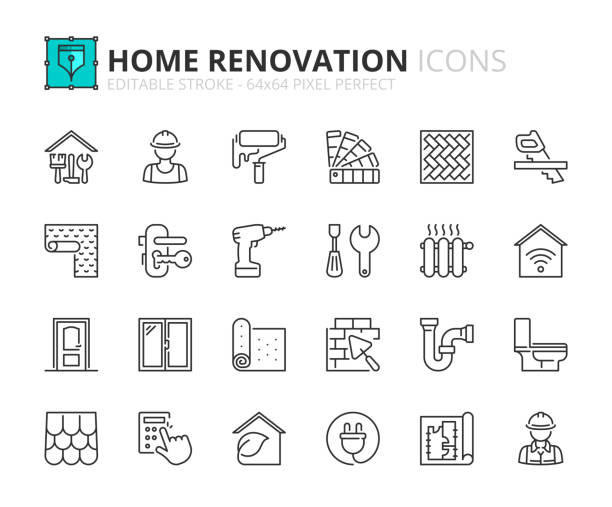 Simple set of outline icons about home renovation Outline icons about home renovation. Contains such icons as repair, tools, building materials, worker, sanitary, carpentry, architecture  and decor. Editable stroke Vector 64x64 pixel perfect handyman stock illustrations