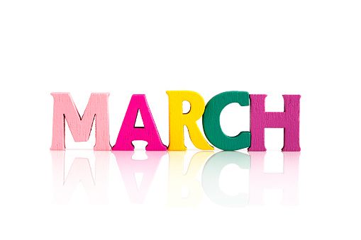 March word written with colorful letters on white background