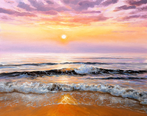 Original  oil painting of beautiful purple sunset over ocean beach on canvas.Modern Impressionism, modernism,marinism